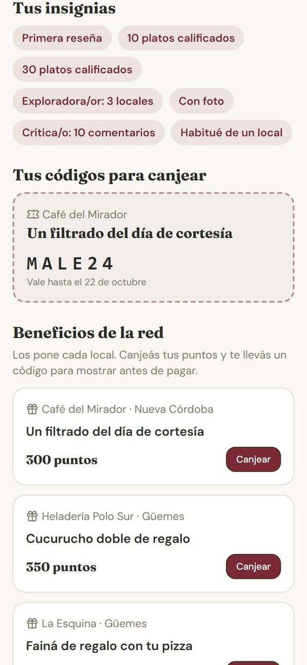 Insignias, códigos para canjear y beneficios de la red en la cuenta del comensal