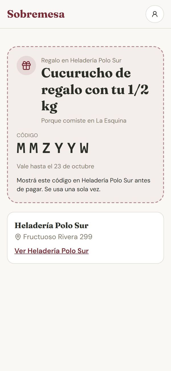 Pase de local amigo en el celular: cucurucho de regalo en Heladería Polo Sur