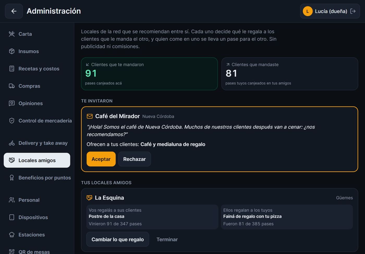 Locales amigos en la administración: invitaciones, regalos y clientes enviados