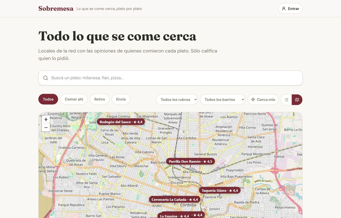 Mapa de la red con los locales de Córdoba